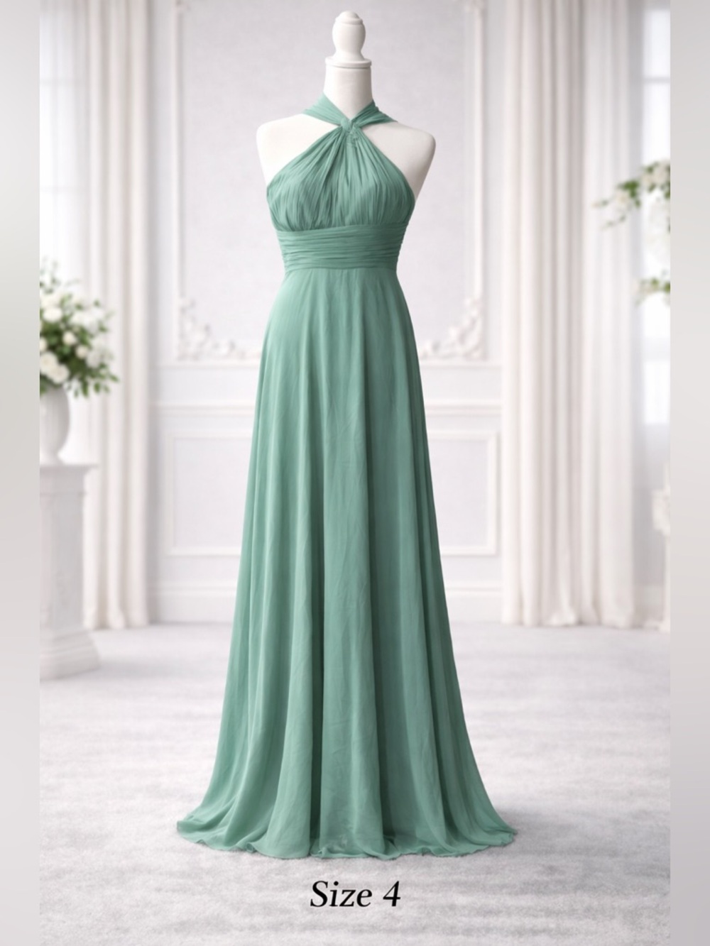 Sleeveless Sage Green Halter Evening Dress